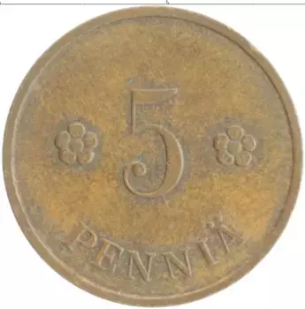 Монета 5 пенни Финляндии 1939 года Медь