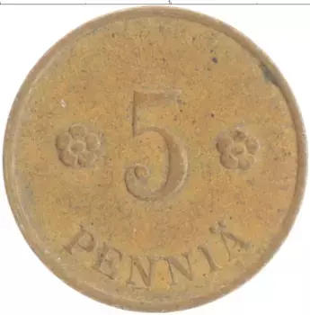 Монета 5 пенни Финляндии 1939 года Медь