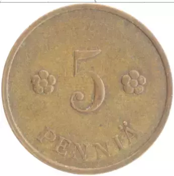 Монета 5 пенни Финляндии 1939 года Медь