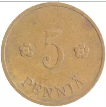 Монета 5 пенни Финляндии 1939 года Медь