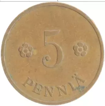 Монета 5 пенни Финляндии 1939 года Медь