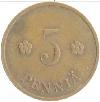 Монета 5 пенни Финляндии 1939 года Медь
