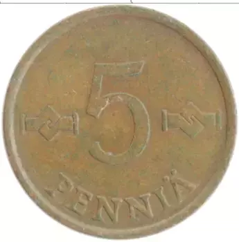 Монета 5 пенни Финляндии 1963 года Бронза