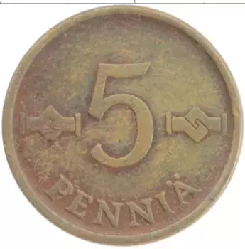 Монета 5 пенни Финляндии 1963 года Медь