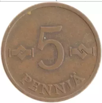 Монета 5 пенни Финляндии 1963 года Медь