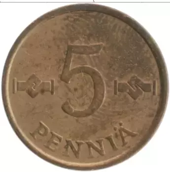 Монета 5 пенни Финляндии 1963 года Медь