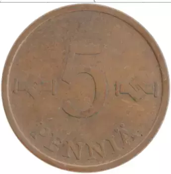 Монета 5 пенни Финляндии 1965 года Бронза