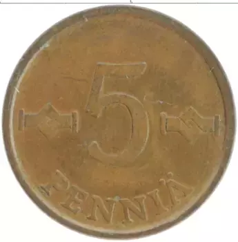 Монета 5 пенни Финляндии 1965 года Бронза