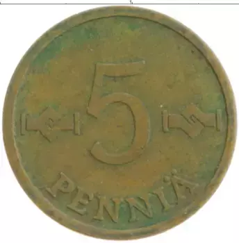 Монета 5 пенни Финляндии 1972 года Медь