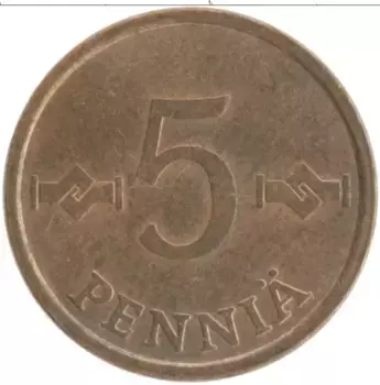 Монета 5 пенни Финляндии 1973 года Медь