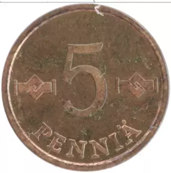 Монета 5 пенни Финляндии 1974 года Медь
