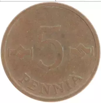 Монета 5 пенни Финляндии 1976 года Медь