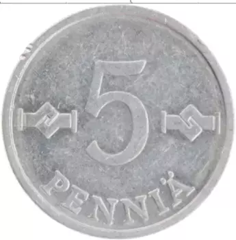 Монета 5 пенни Финляндии 1977 года Алюминий