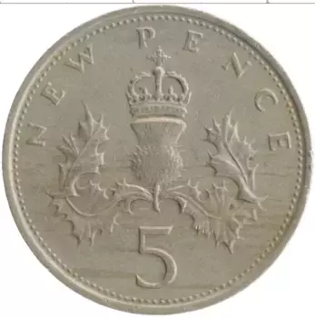 Монета 5 пенсов Англии 1975 года Медно-никель Елизавета II