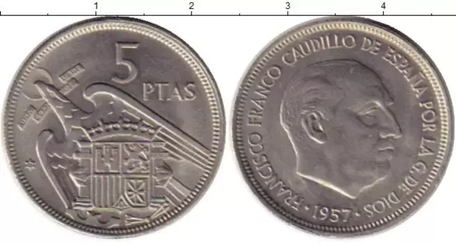 Монета 5 песет Испании 1957 года Медно-никель Франсиско Франко