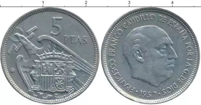 Монета 5 песет Испании 1957 года Медно-никель Франсиско Франко