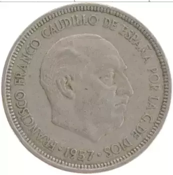 Монета 5 песет Испании 1957 года Медно-никель Францико Франко