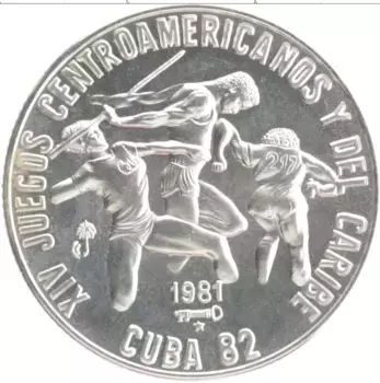 Монета 5 песо Кубы 1981 года Серебро XIV Центральноамериканские игры