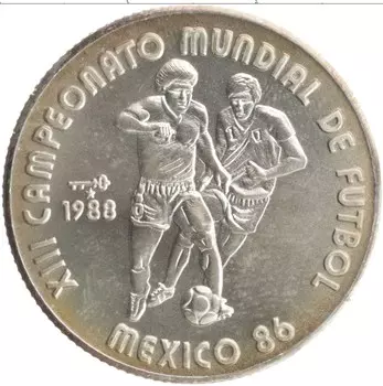 Монета 5 песо Кубы 1988 года Серебро Чемпионат мира по футболу в Мексике