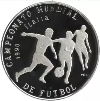 Монета 5 песо Кубы 1990 года Серебро Чемпионат Мира по футболу в Италии