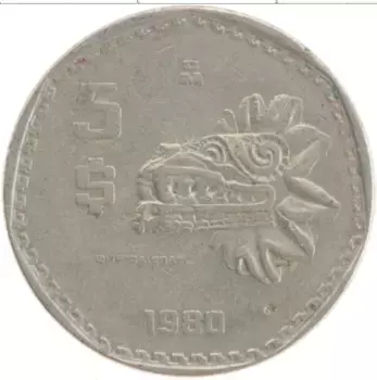 Монета 5 песо Мексики 1980 года Медно-никель