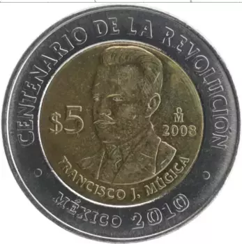 Монета 5 песо Мексики 2008 года Биметалл 100 лет революции - Франсиско Хосе Мужика