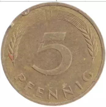 Монета 5 пфеннигов ФРГ 1991 года Латунь J