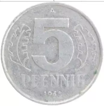 Монета 5 пфеннигов ГДР 1968 года Алюминий А