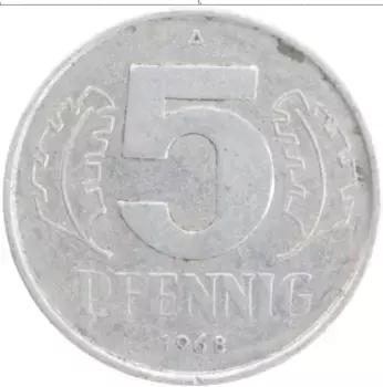 Монета 5 пфеннигов ГДР 1968 года Алюминий А