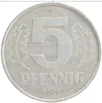 Монета 5 пфеннигов ГДР 1968 года Алюминий А