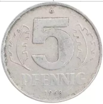 Монета 5 пфеннигов ГДР 1968 года Алюминий