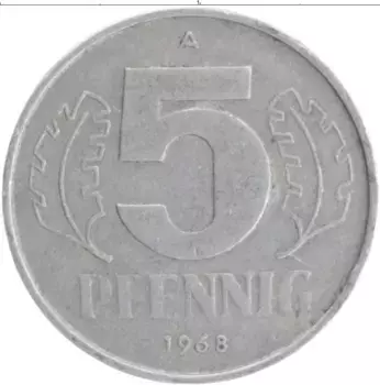 Монета 5 пфеннигов ГДР 1968 года Алюминий А