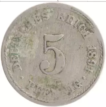 Монета 5 пфеннигов Германии 1891 года Медно-никель A