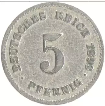Монета 5 пфеннигов Германии 1893 года Медно-никель E
