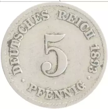 Монета 5 пфеннигов Германии 1893 года Медно-никель F