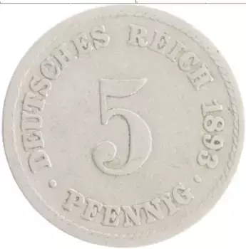 Монета 5 пфеннигов Германии 1893 года Медно-никель A
