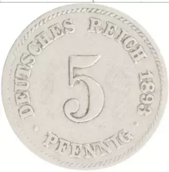 Монета 5 пфеннигов Германии 1893 года Медно-никель J