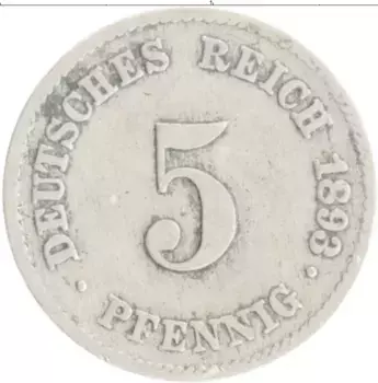 Монета 5 пфеннигов Германии 1893 года Медно-никель F