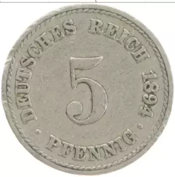 Монета 5 пфеннигов Германии 1894 года Медно-никель А