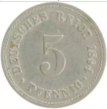 Монета 5 пфеннигов Германии 1894 года Медно-никель A