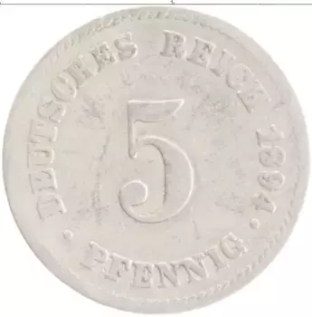 Монета 5 пфеннигов Германии 1894 года Медно-никель J