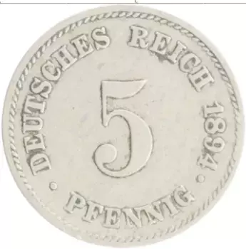 Монета 5 пфеннигов Германии 1894 года Медно-никель J