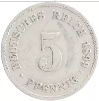 Монета 5 пфеннигов Германии 1899 года Медно-никель E