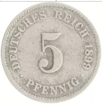 Монета 5 пфеннигов Германии 1899 года Медно-никель J