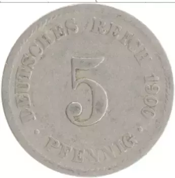 Монета 5 пфеннигов Германии 1900 года Медно-никель А