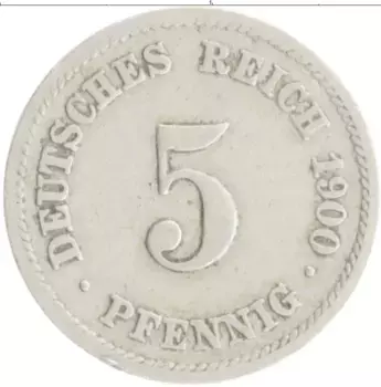 Монета 5 пфеннигов Германии 1900 года Медно-никель F