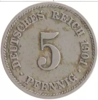 Монета 5 пфеннигов Германии 1901 года Медно-никель F