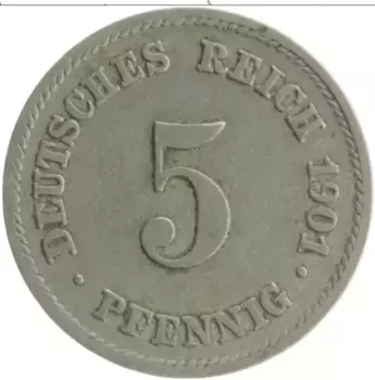 Монета 5 пфеннигов Германии 1901 года Медно-никель E