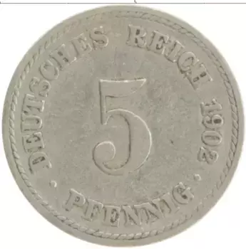 Монета 5 пфеннигов Германии 1902 года Медно-никель A