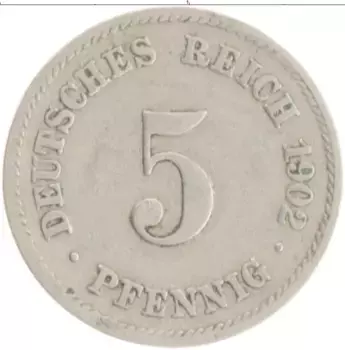 Монета 5 пфеннигов Германии 1902 года Медно-никель F